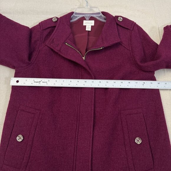 Chicos Burgundy Wool 3/4 Sleeve Full Zip Jacket Button Flap Accents Lined 2 - Picture 12 of 15